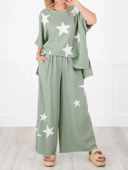 Women's Short Sleeve Top And Wide Leg Pant Set With Star Patch Detail✨