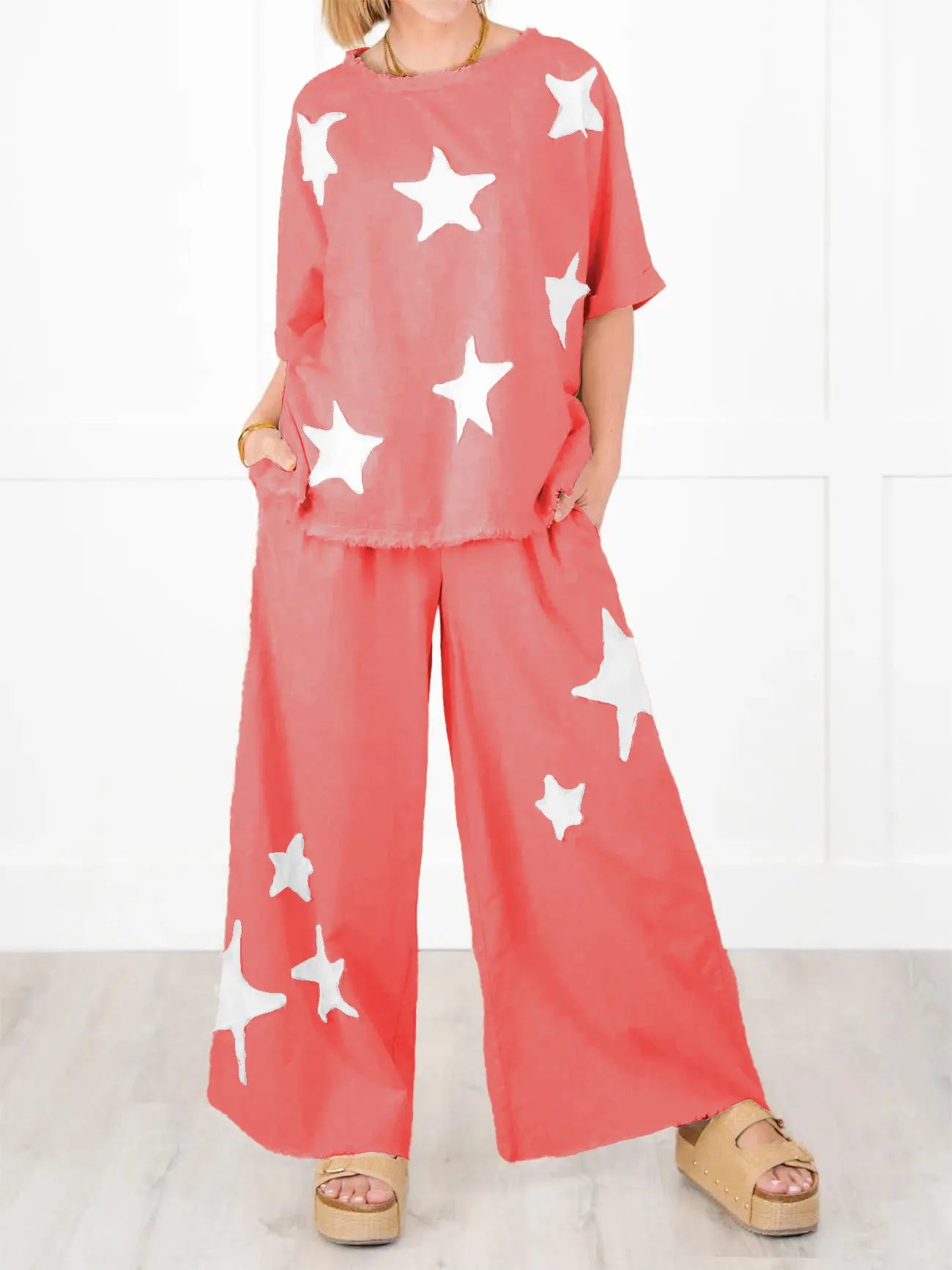 Women's Short Sleeve Top And Wide Leg Pant Set With Star Patch Detail✨