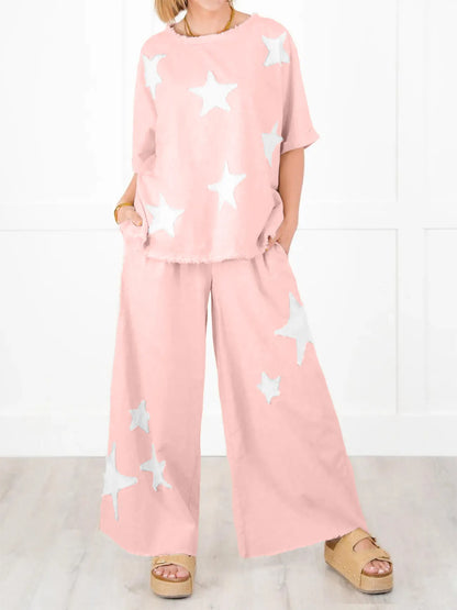 Women's Short Sleeve Top And Wide Leg Pant Set With Star Patch Detail✨