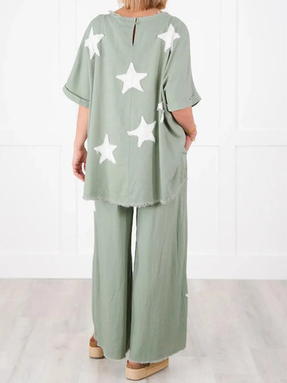 Women's Short Sleeve Top And Wide Leg Pant Set With Star Patch Detail✨