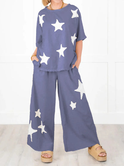 Women's Short Sleeve Top And Wide Leg Pant Set With Star Patch Detail✨