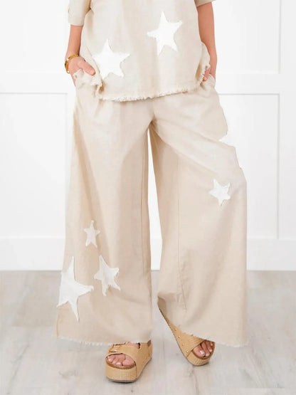 Women's Short Sleeve Top And Wide Leg Pant Set With Star Patch Detail✨