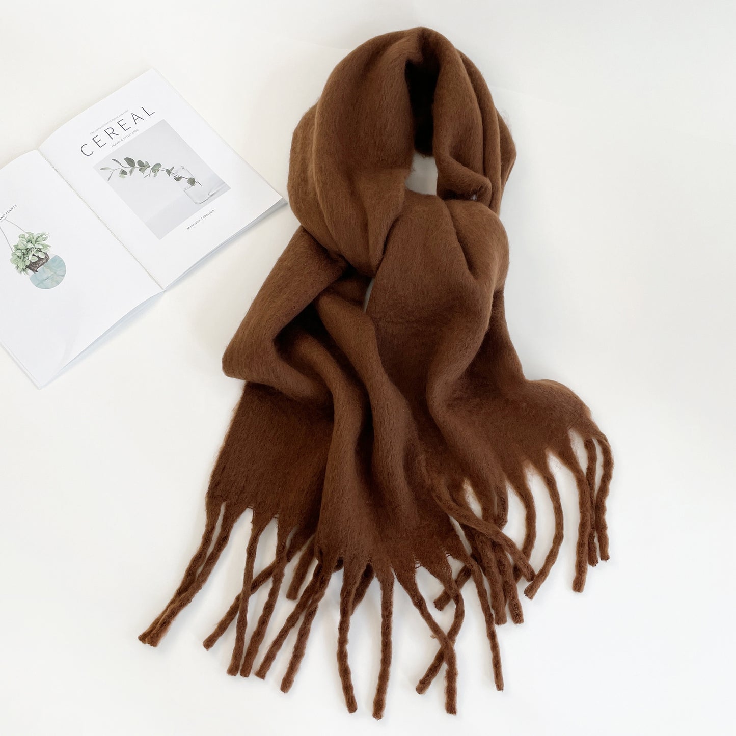 Women's Winter Scarf In Thick Wool, Simple And Long, With Thick Fringes, Warm And Windproof For Outdoor Use