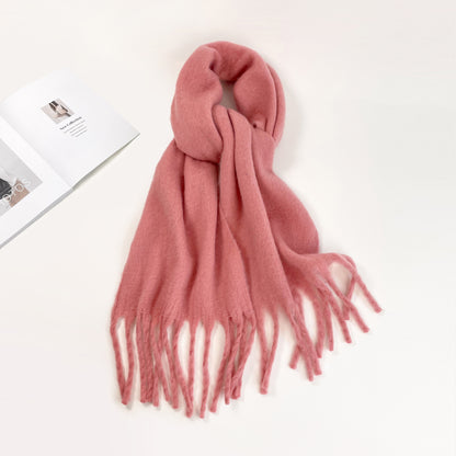 Women's Winter Scarf In Thick Wool, Simple And Long, With Thick Fringes, Warm And Windproof For Outdoor Use