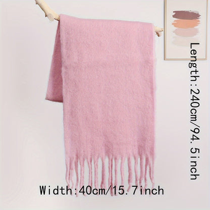 Women's Winter Scarf In Thick Wool, Simple And Long, With Thick Fringes, Warm And Windproof For Outdoor Use