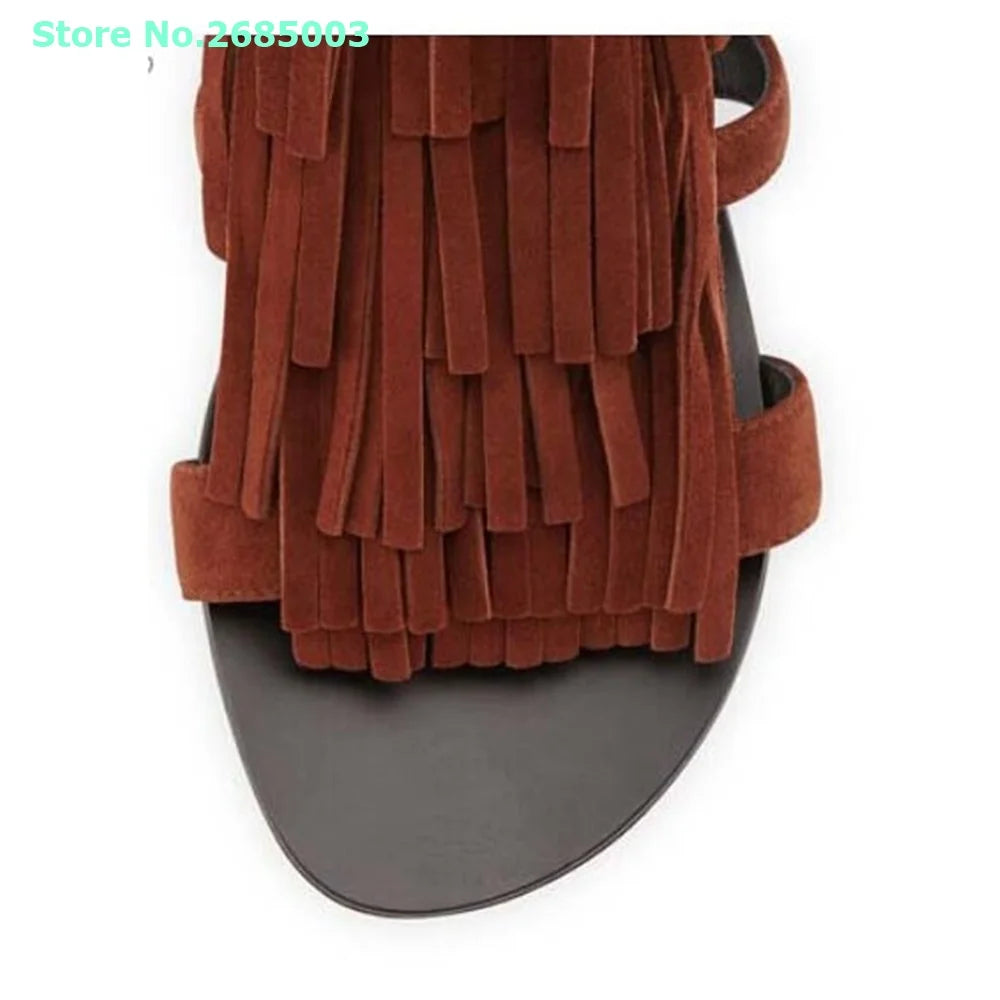 Suede Fringe Rivet Ankle Sandals Buckle Strap Cut Outs Open Toe Back Zipper Flat Sexy Women Daily Casual Shoes Summer Sandals