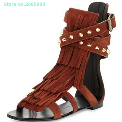 Suede Fringe Rivet Ankle Sandals Buckle Strap Cut Outs Open Toe Back Zipper Flat Sexy Women Daily Casual Shoes Summer Sandals