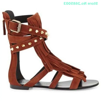 Suede Fringe Rivet Ankle Sandals Buckle Strap Cut Outs Open Toe Back Zipper Flat Sexy Women Daily Casual Shoes Summer Sandals