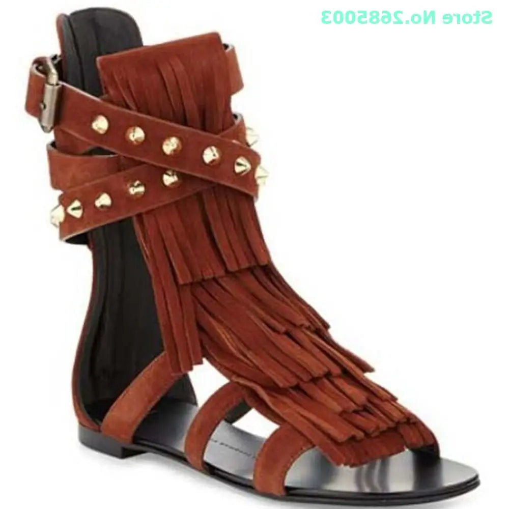 Suede Fringe Rivet Ankle Sandals Buckle Strap Cut Outs Open Toe Back Zipper Flat Sexy Women Daily Casual Shoes Summer Sandals