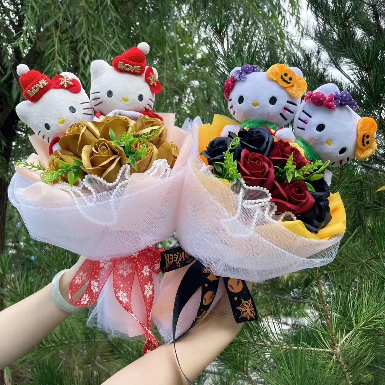 Hello Kitty Cat Dolls with Artificial Flowers