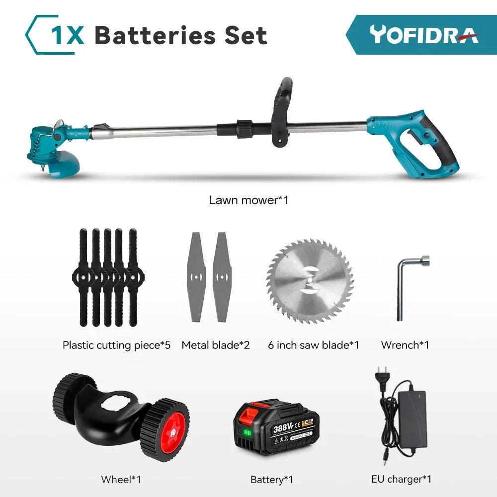 Yofidra® 1500W 7-Inch Cordless Electric Lawn Mower, Length Adjustable Handheld Rechargeable Garden Pruning Tool, Compatible with Makita 18V Battery