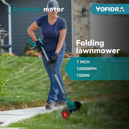 Yofidra® 1500W 7-Inch Cordless Electric Lawn Mower, Length Adjustable Handheld Rechargeable Garden Pruning Tool, Compatible with Makita 18V Battery