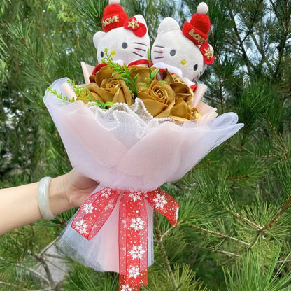 Hello Kitty Cat Dolls with Artificial Flowers