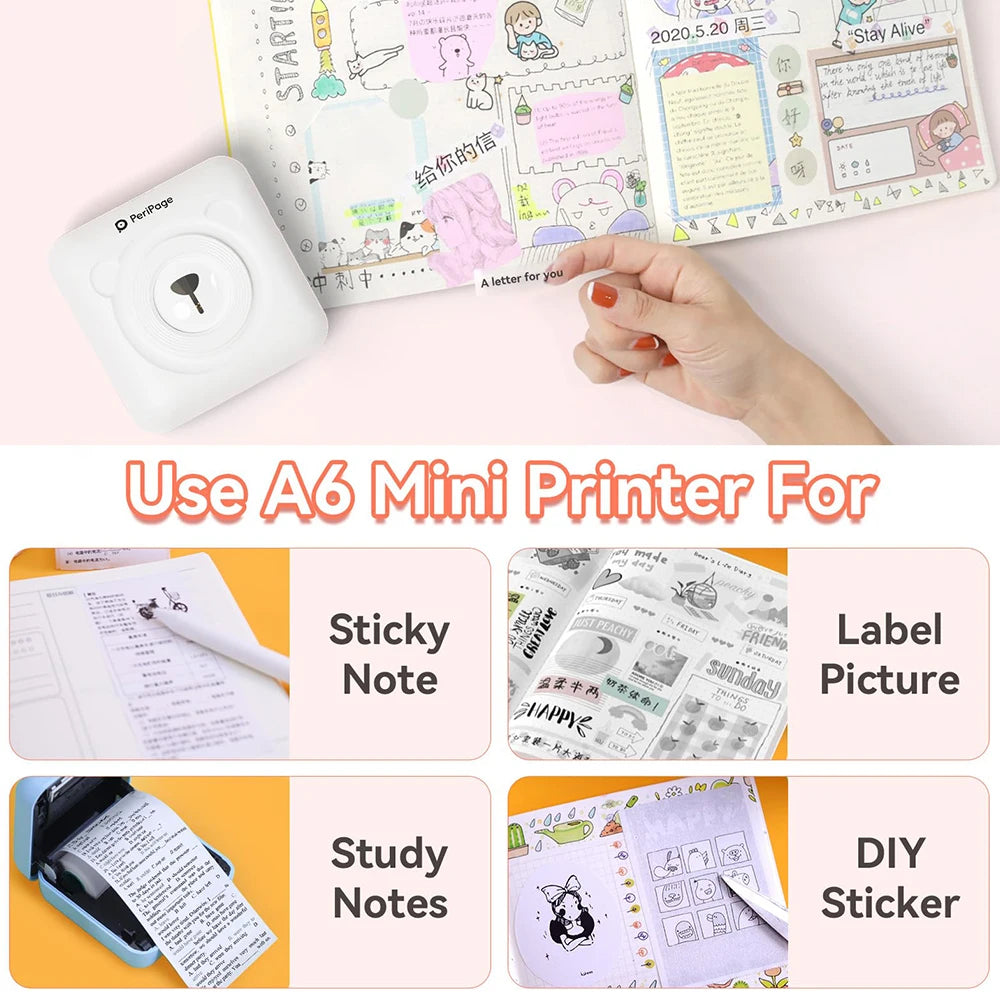 Stampante portatile per foto ed etichette PeriPage A6 - Stampante termica autoadesiva per etichette e adesivi, compatibile con dispositivi mobili 