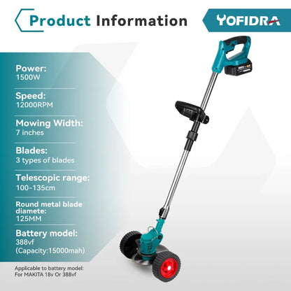 Yofidra® 1500W 7-Inch Cordless Electric Lawn Mower, Length Adjustable Handheld Rechargeable Garden Pruning Tool, Compatible with Makita 18V Battery