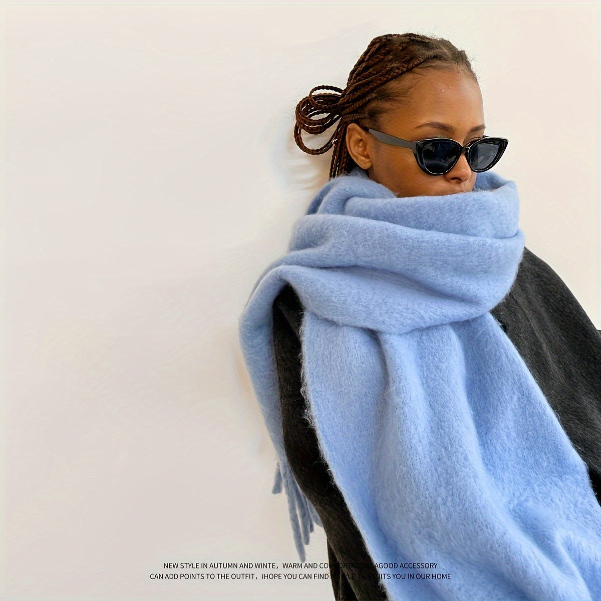 Women's Winter Scarf In Thick Wool, Simple And Long, With Thick Fringes, Warm And Windproof For Outdoor Use