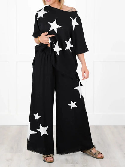 Women's Short Sleeve Top And Wide Leg Pant Set With Star Patch Detail✨