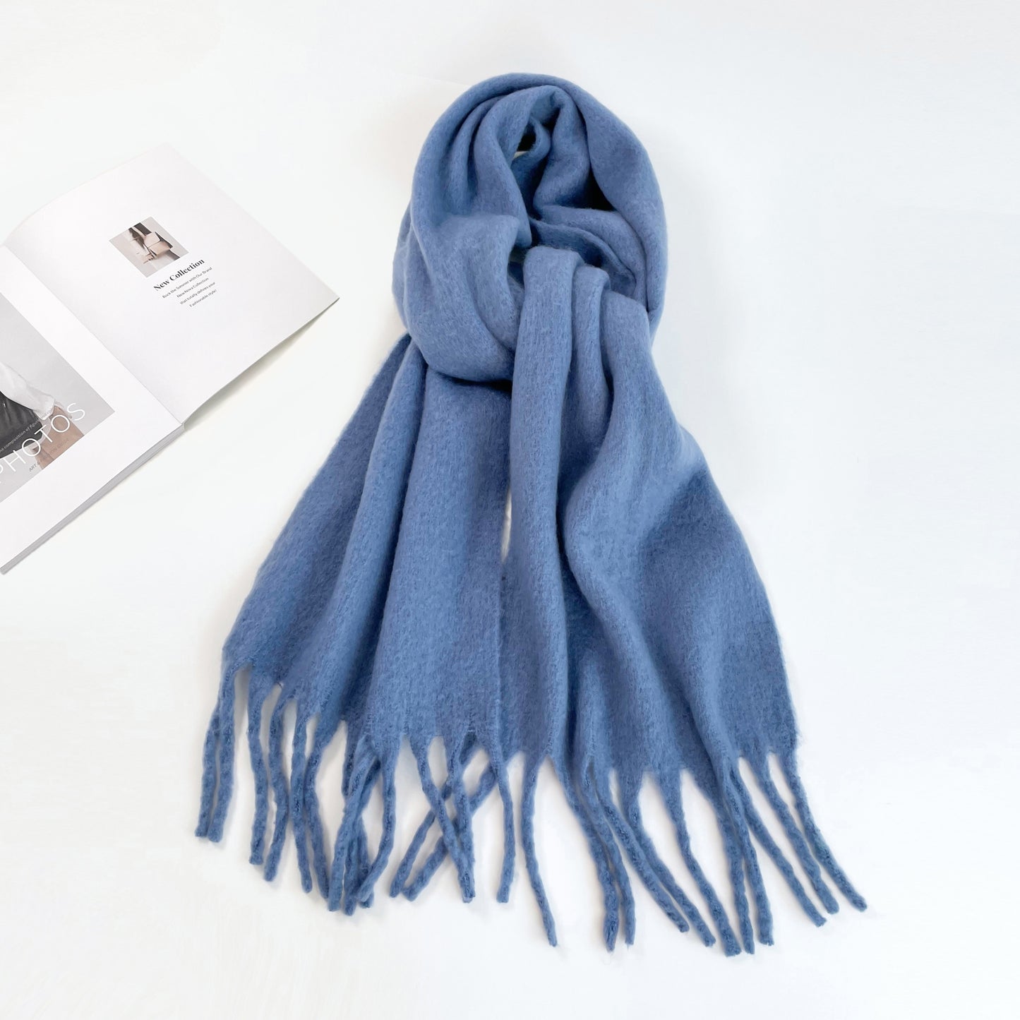 Women's Winter Scarf In Thick Wool, Simple And Long, With Thick Fringes, Warm And Windproof For Outdoor Use